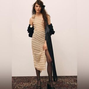 NWOT UO Kimchi Blue One Shoulder Ruffle Midi Dress L Beige